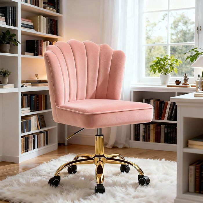 FIXIMASTER Chaise de Bureau/Coiffeuse en Velours Pivotante à Roulettes Hauteur Réglable 135kg - Rose