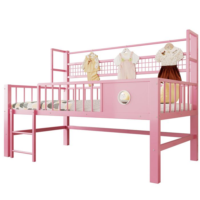 Lit enfant 90x200cm lit mezzanine bas avec cadre métallique et étagères couleur rose pour enfants et adolescents