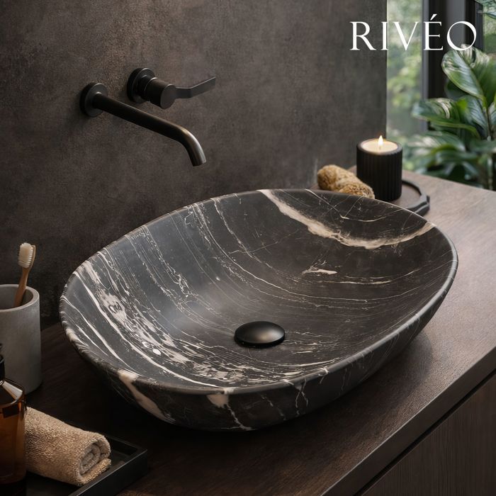 Vasque à poser ovale noire marbrée 59x42 5 cm - Céramique effet marbre avec bonde assortie incluse - Rivéo