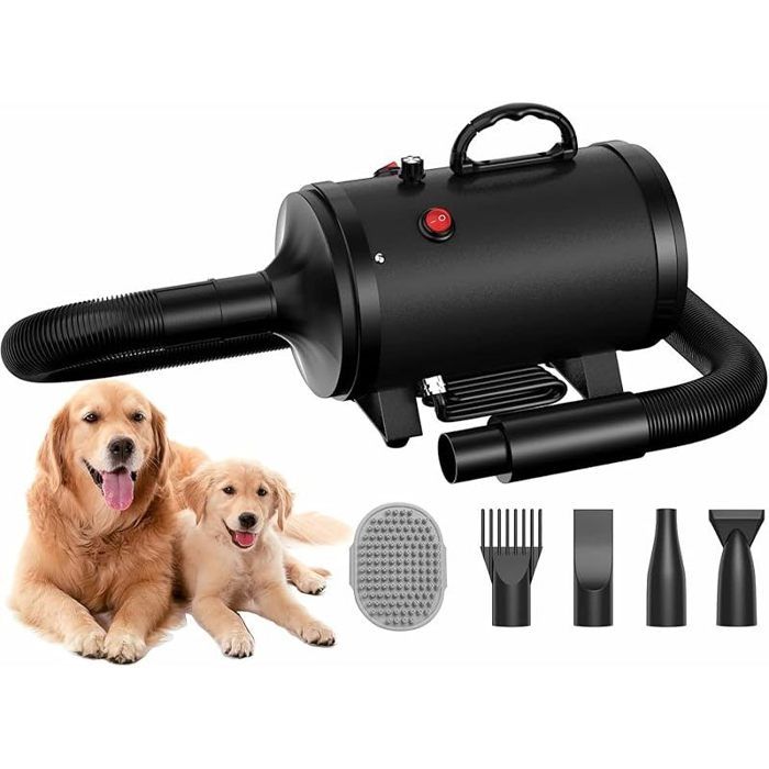 Pulseur pour Chien Blower - Très Silencieux - 45 CV 3200 W - Moteur réglable - Souffleur de Soins pour Chien avec 4 Buses Noir