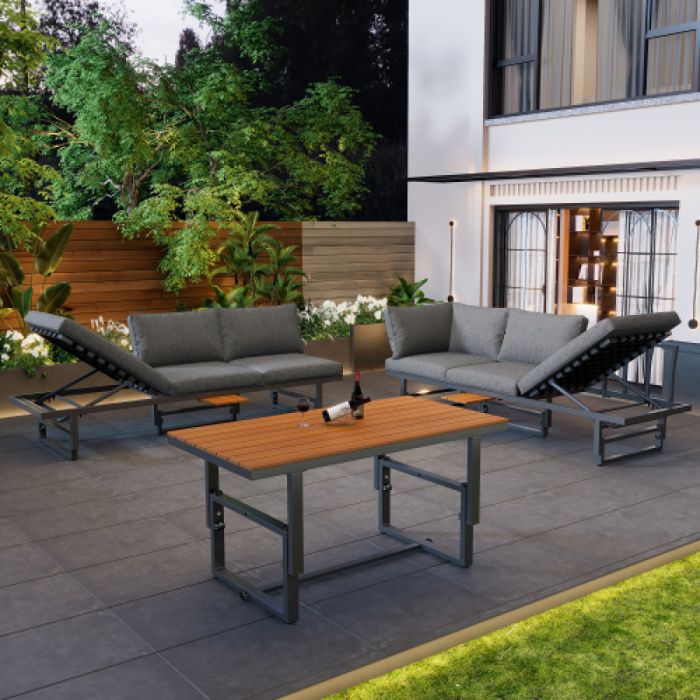 Canapé jardin convertible Gris Ensemble 3 pièces avec 2 canapés et table structure en fer revêtu par poudre dossier réglable boi