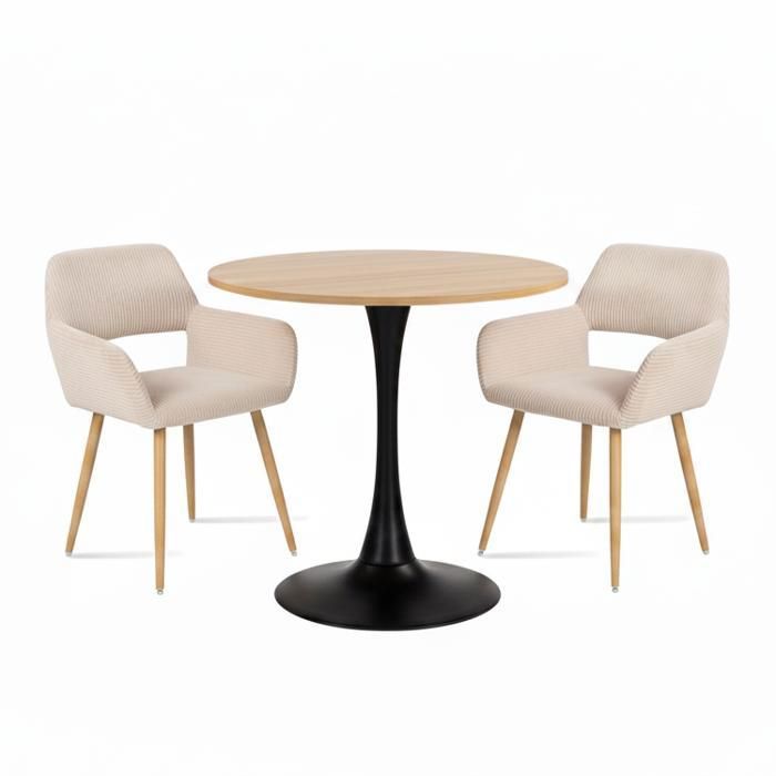 MEUBLES COSY Ensemble de salle à manger de style scandinave comprenant une table ronde en chêne et 2 chaises en velours côtelé beige