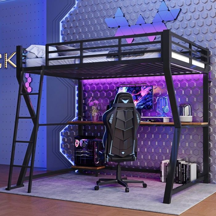 Lit superposé - Zephmum - 90x200 LED bureau console prise USB garde-corps escalier noir sans matelas