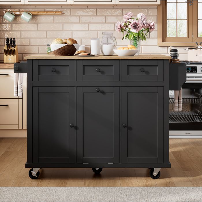 Îlot central de cuisine mobile – Noir et bois naturel – Plateau extensible tiroirs et compartiment poubelle