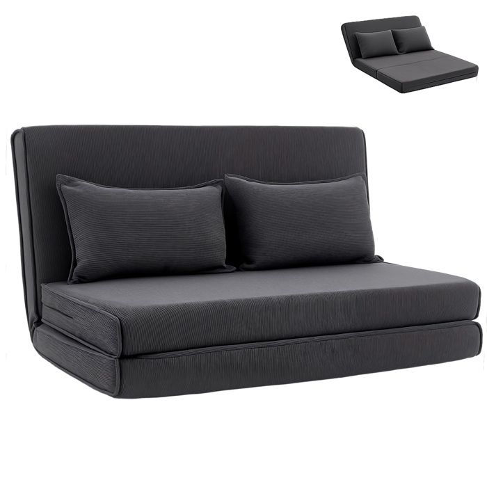 Chauffeuse 2 places convertible - HOMCOM - dossier réglable assise large et 2 oreillers - velours côtelé - 135x88x74cm - gris foncé Chauffeuse 2 places convertible - HOMCOM - dossier réglable assise large et 2 oreillers - velours côtelé - 135x88x74cm - gris foncé
