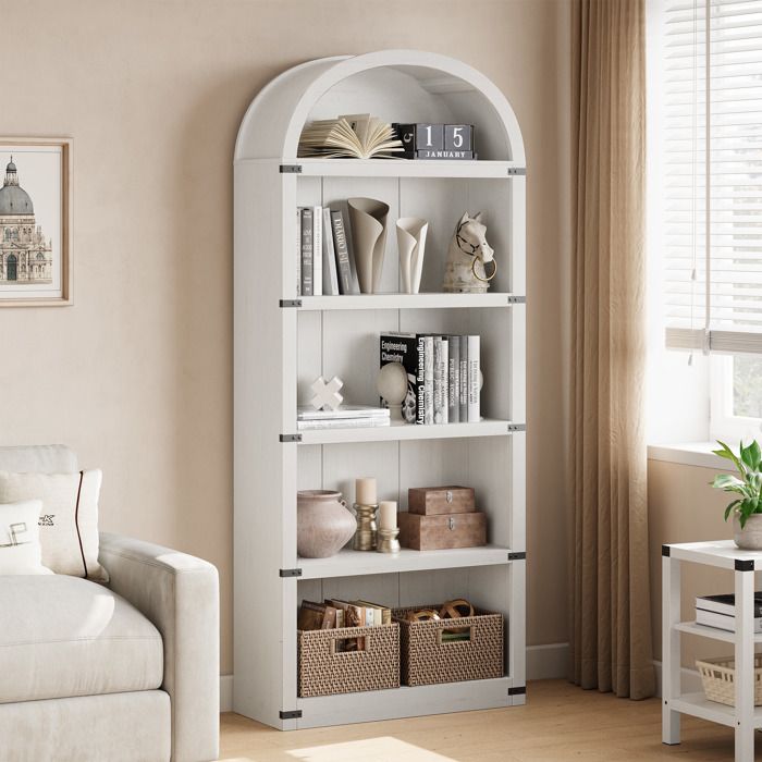 Bibliothèque Étagère 5 Niveaux - Style Rustique Campagne - Hauteur 182 cm - Niches Ouvertes - Pour Salon Bureau Chambre - Blanc