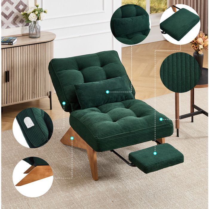 Fauteuil lounge réglable 1 place avec repose-pieds et coussin lombaire en velours côtelé vert émeraude