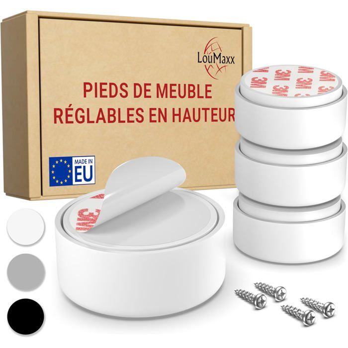 Pied de Meuble Réglable Blanc-Lot de 4 Pieds pour Meuble Ø 55 5mm-Rehausseur de Meuble Plastique à Coller ou Visser-Pieds Réglables