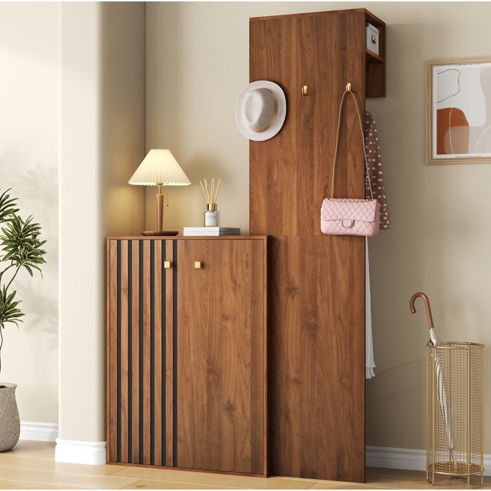 Vestiaire dentree compact 115 x 38 5 x 191 5 cm en MDF noyer avec meuble a chaussures penderie et rangements