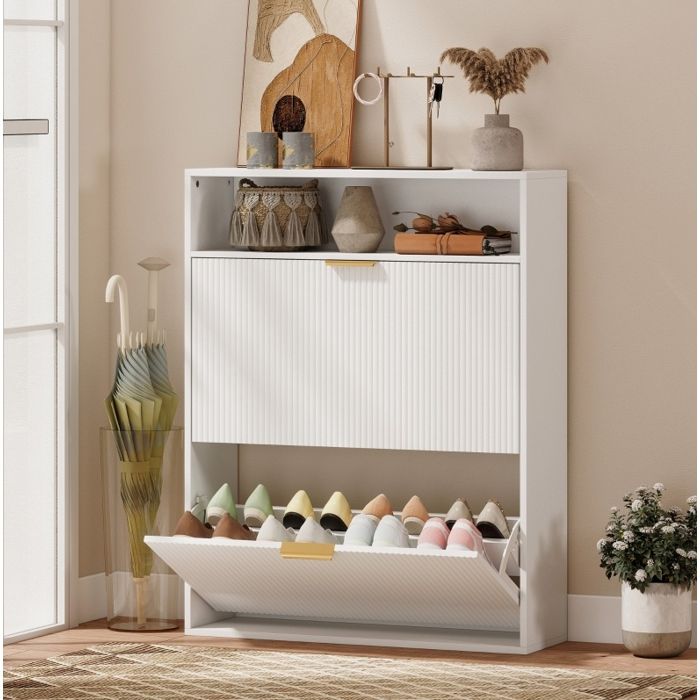 Meuble à Chaussures 2 Compartiments Abattants et 1 Niche Ouverte - MEUNIQ - pour Entrée Bois Blanc 80×24×102 5 cm