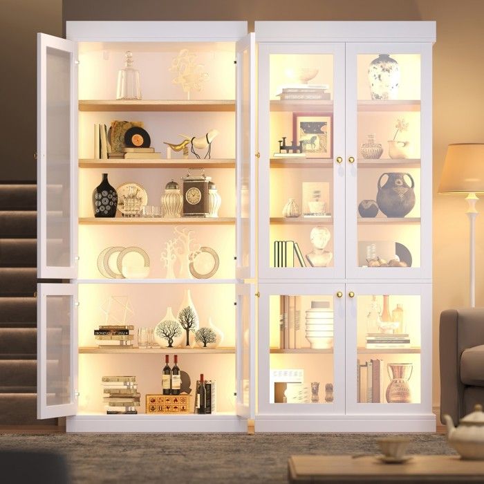 Vitrine Armoire Haute Blanche 160x40x180cm Porte Vitrée LED Intégrée Rangement Optimisé Système Anti-basculement Maison Vitrine Armoire Haute Blanche 160x40x180cm Porte Vitrée LED Intégrée Rangement Optimisé Système Anti-basculement Maison