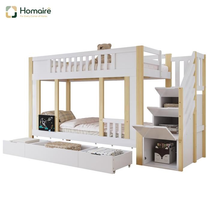 Lit superposé pour enfants 90x200cm avec échelle armoire et tiroirs en bois stable blanc naturel HOMAIRE