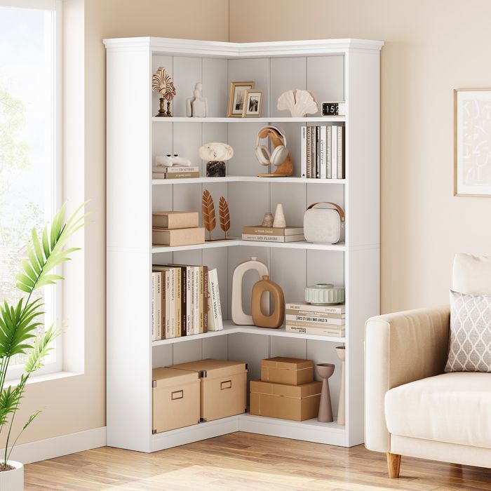 Bibliothèque d’angle forme L hauteur 185 cm 5 étages style campagne moderne blanc espace de rangement spacieux pour salon