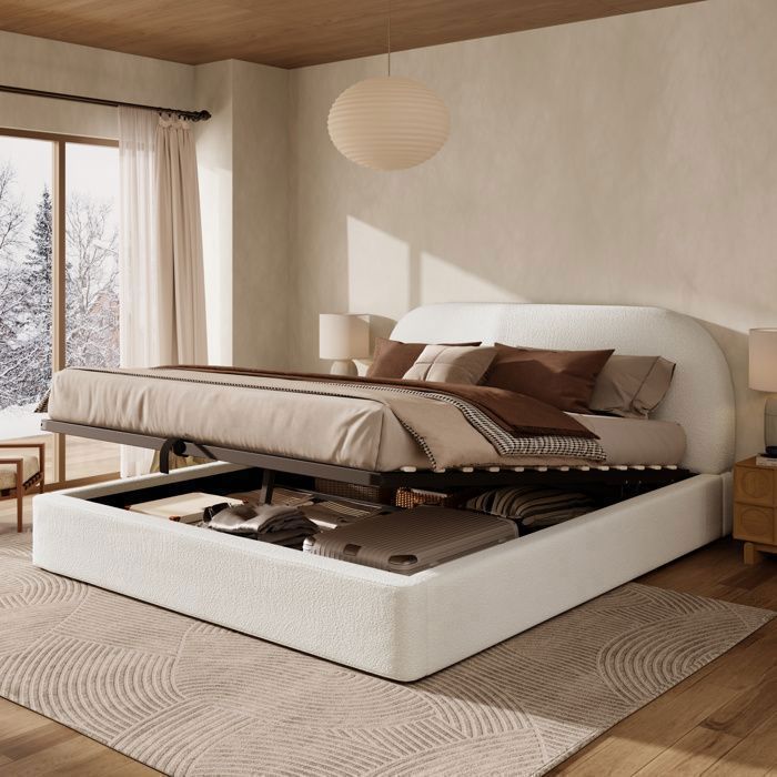 Lit Coffre Rembourré - en Bouclé Beige - 160 x 200 cm - avec Tête de Lit Rembourrée - Merax
