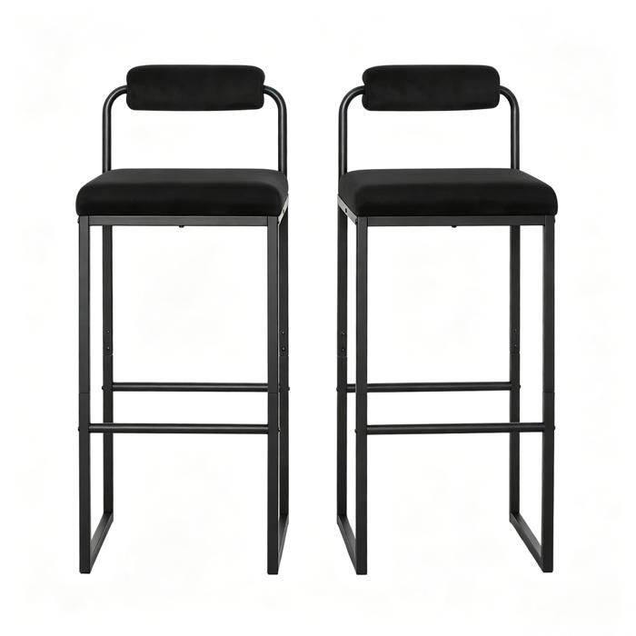 Tabouret de bar avec dossier – lot de 2 – noir – acier allié et velours – 75 cm Tabouret de bar avec dossier – lot de 2 – noir – acier allié et velours – 75 cm