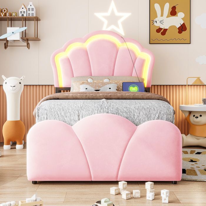 Lit coffre 90x200 cm - Lit enfant fille avec LED et USB/type C - Sommier inclus - velours rose