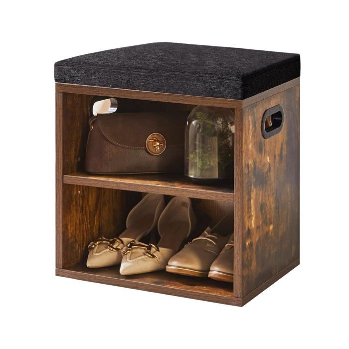 Banc à chaussures avec coussin Tabouret entrée marron rustique Étagère réglable Charge 150 kg 42 x 39 x 28 cm