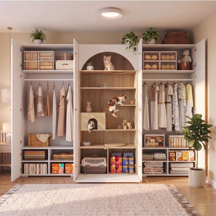 MEUBLIV Armoire 3-en-1 avec espace pour chat penderie 12 compartiments blanc et aspect bois 270 x 50 x 200 cm