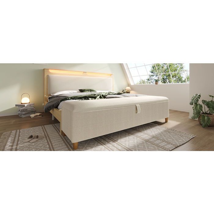 Lit 180 x 200 cm avec banc coffre tête de lit rangement LED bois chêne clair