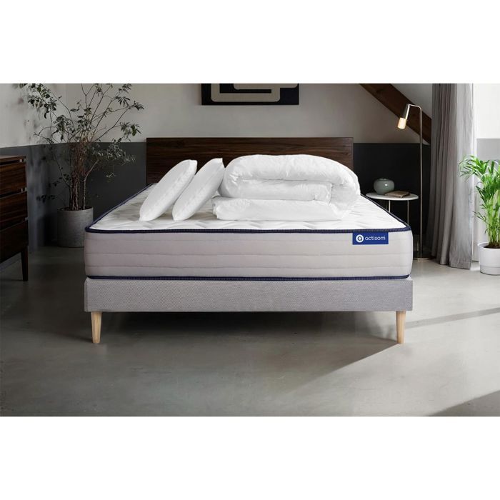 Pack lit complet 140x190 cm - Matelas + Sommier Gris (en kit) + 2 oreillers + Couette - Actilatex Fo