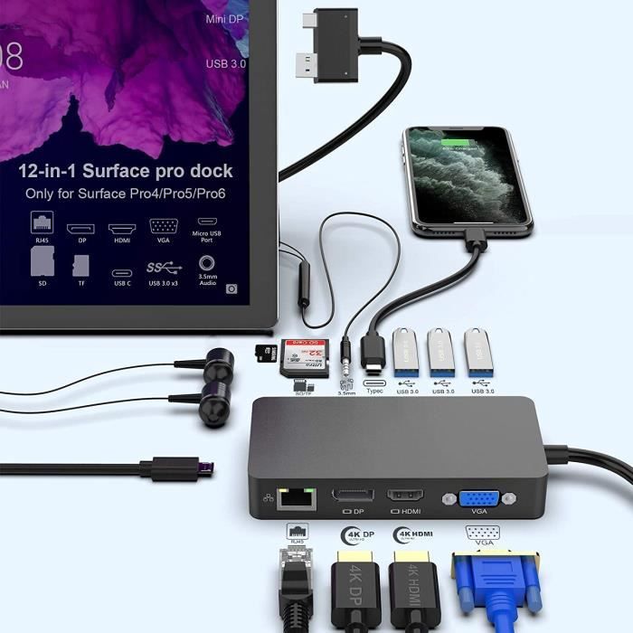 Surface Pro Dock pour Hub USB Surface Pro 4 - Pro 5 - Pro 6 avec Port  Gigabit Ethernet, Port d'affichage HDMI VGA DP 4K, 3 Por[951] - Cdiscount  Informatique