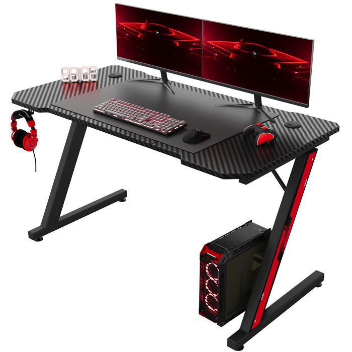 Wevalley Bureau Gaming Led, 140 X 60cm Grande Bureau Gamer Avec Un Plateau En Fibre De Carbone