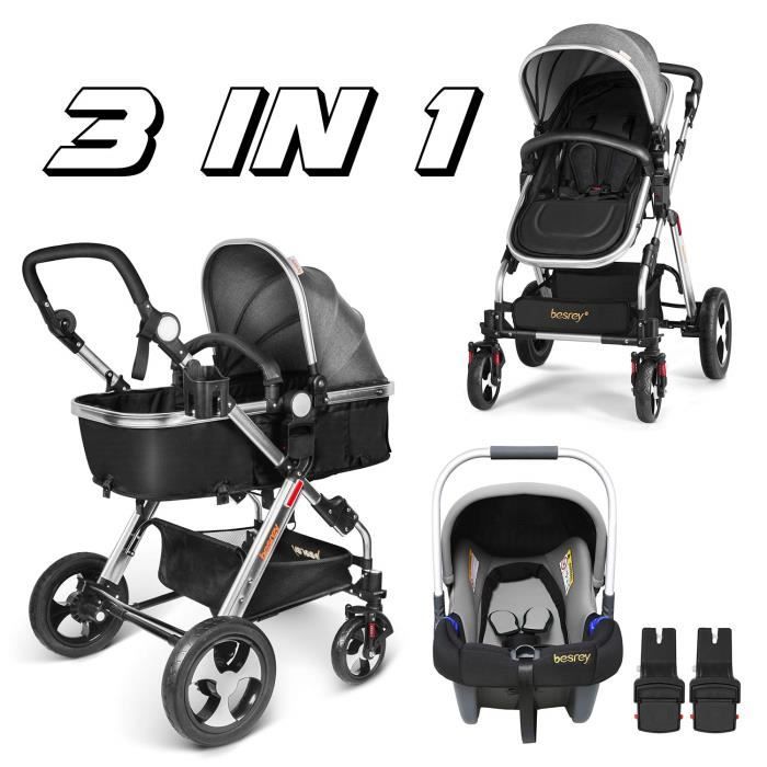 Besrey Poussette Combinée 3 en 1 Landau Réversible Avec Nacelle Siège Bébé  Groupe 0+ Grande Roue de la Naissance à 36 Mois (Gris) - Cdiscount  Puériculture & Eveil bébé