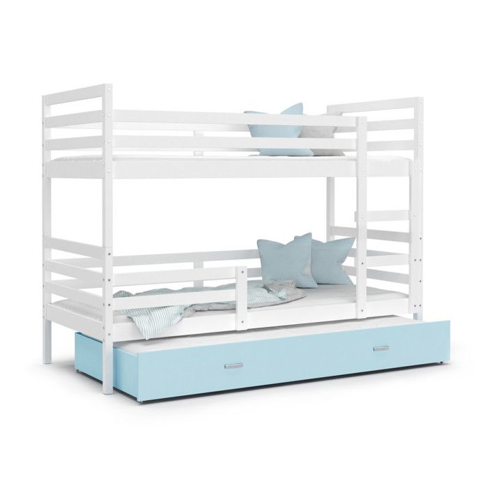 Lit Superposé 3 Places Milo 90x190 gigogne + matelas Blanc - bleu