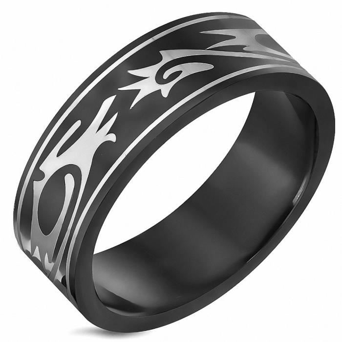Bague homme acier noir symbole tribal deux tons 59.5 Achat