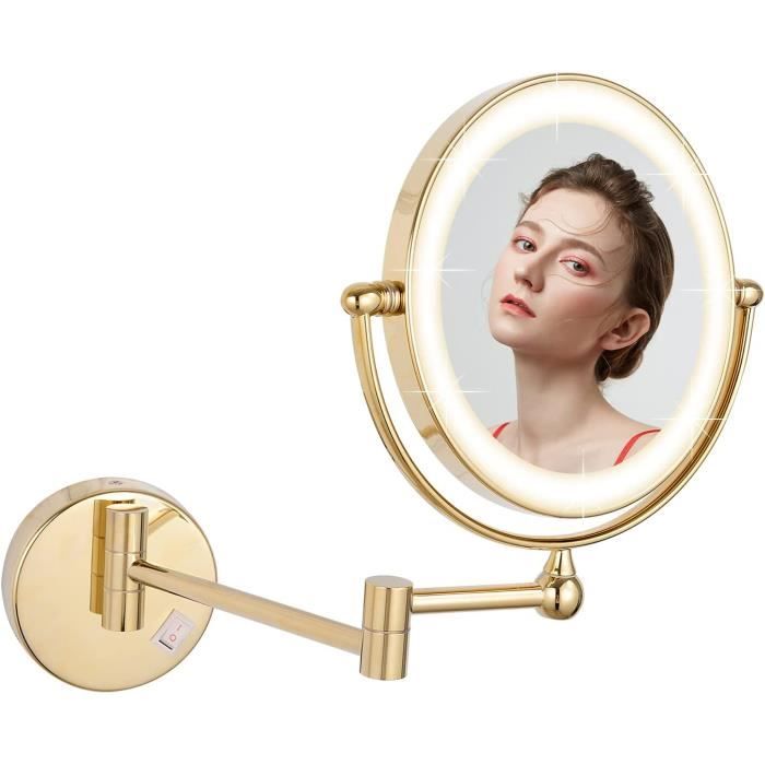 Miroir De Maquillage LED Avec Grossissement X5 - Double Face, Rotatif 360°, 3 Lumières Réglables - Diamètre 21.5 Cm, Doré
