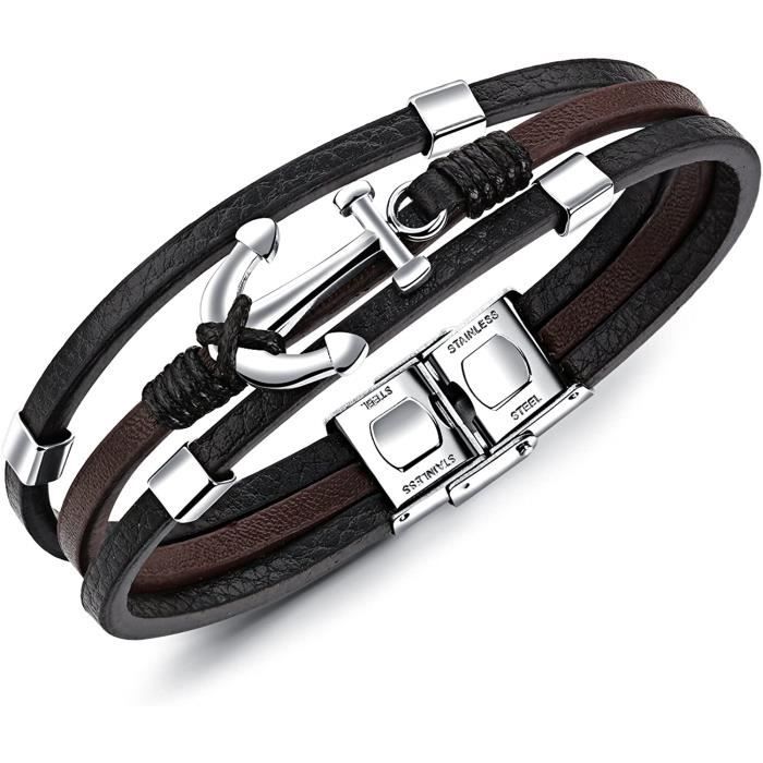 Bracelet Cuir Et Cuir Tressé Noir Fermoir Acier