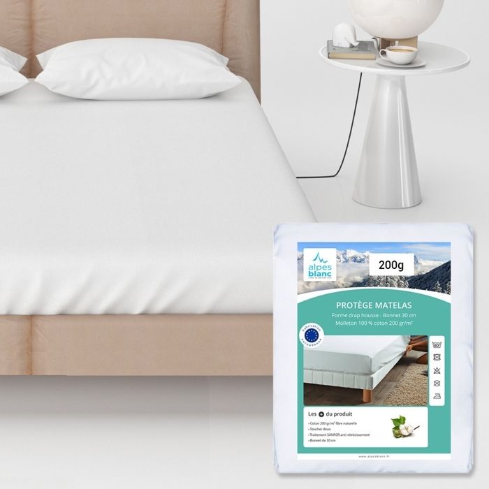 ALPES BLANC - Protège-Matelas 100% Coton 200 g/m² 1440x190 cm – Grands Bonnets pour Maintien Parfait Protection et Confort Durable