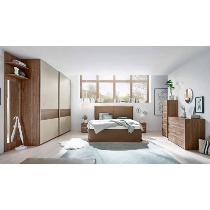 Azurahome - Chambre complète AMALTI noyer et crème lit 160x200 cm avec