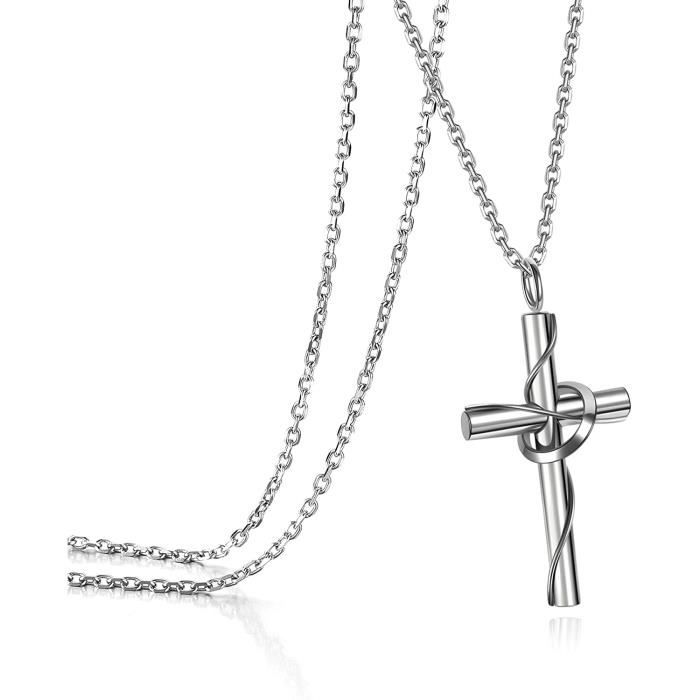 Collier Homme Chaîne Et Pendentif Croix En Acier Inoxydable - Longueur 60cm, Neuf