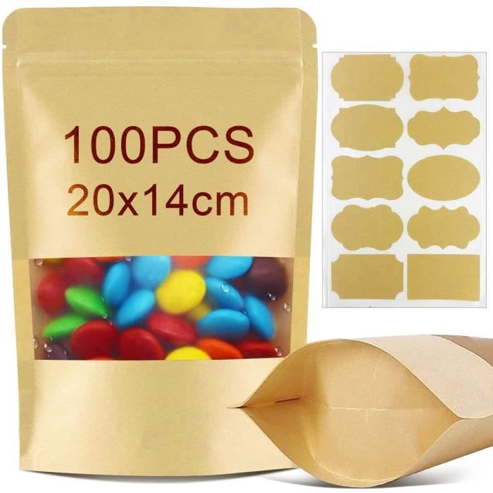 Lot De 50 Sachets Kraft Avec Fenêtre 18x26cm - Réutilisables, Alimentaires, Pour Bonbons, Café, Thé
