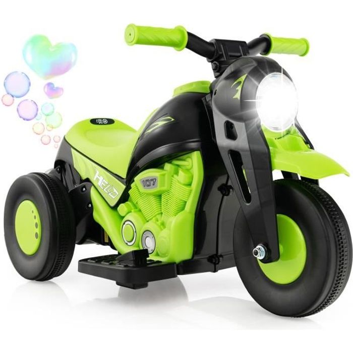 costway moto électrique 6v pour enfants avec machine à bulles - 3 roues, scooter avec klaxon, musique et lumières, 3 ans +, vert