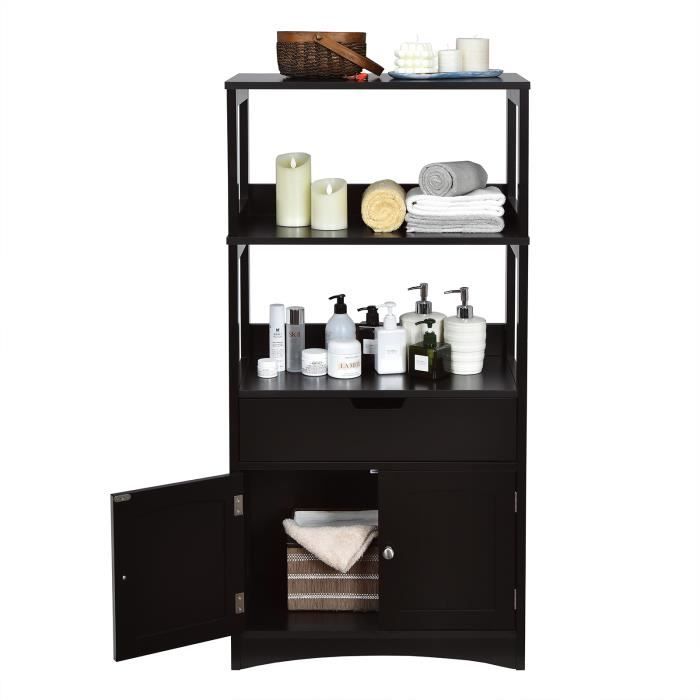 COSTWAY Armoire de Salle de Bain avec Tiroir 2 Étagères Ouvertes Double Porte Pour Cuisine Salon 60x32 5x122 cm Noir