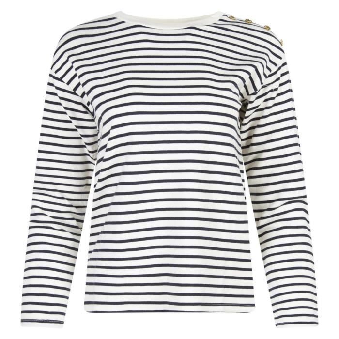 T-shirt Rayé Marinière - Blanc Et Bleu Marine - Col Rond Avec Poche - Coupe Classique En Coton