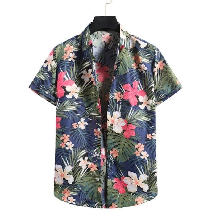Chemise Hawaïenne Homme Manches Courtes - Mélange Soie - Motif Floral Vert - Taille XL