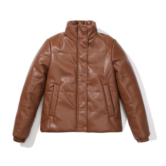 Doudoune Femme Simili cuir Hiver Col montant Chaud Couleur unie