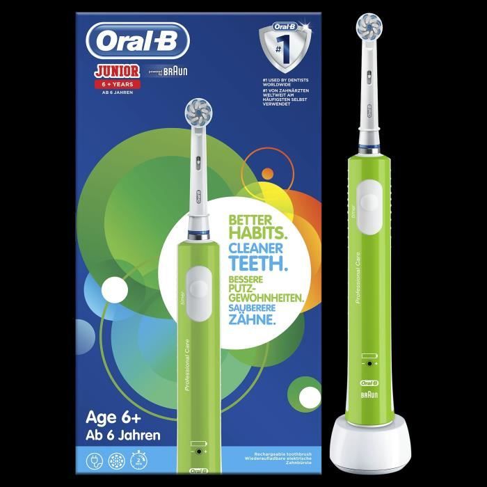 Oral-B Junior Brosse à Dents Électrique Rechargeable avec 1 Manche 1 Brossette enfant de 6 ans et plus Vert Brossage en douceur