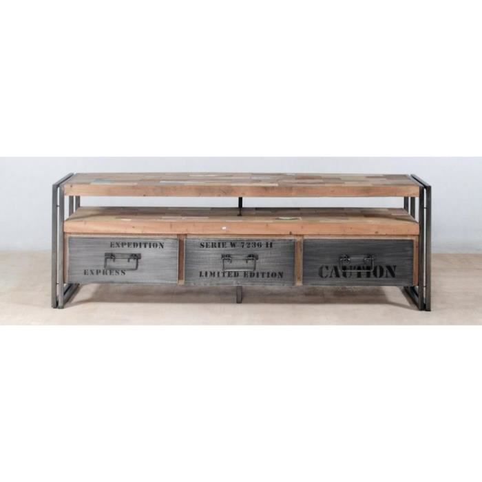 Meuble Tv Bois Recycle 3 Tiroirs L160cm Caravelle Achat Vente
