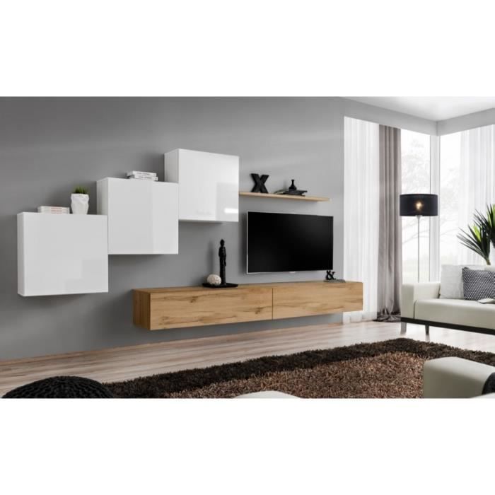 ensemble meuble salon mural switch x design, coloris chêne wotan et blanc brillant. 40 marron