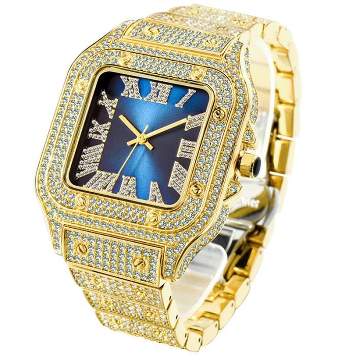 Montre homme de marque hip hop diamant cadran carré bracelet en acier doré bleu mode cadeau