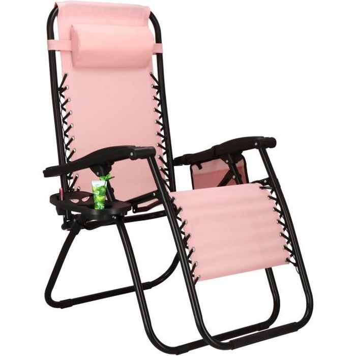 SPRINGOS® Chaise de jardin Chaise relax Chaise longue de plage avec appui-tête Porte-gobelet Accoudoirs Haut dossier - Rose