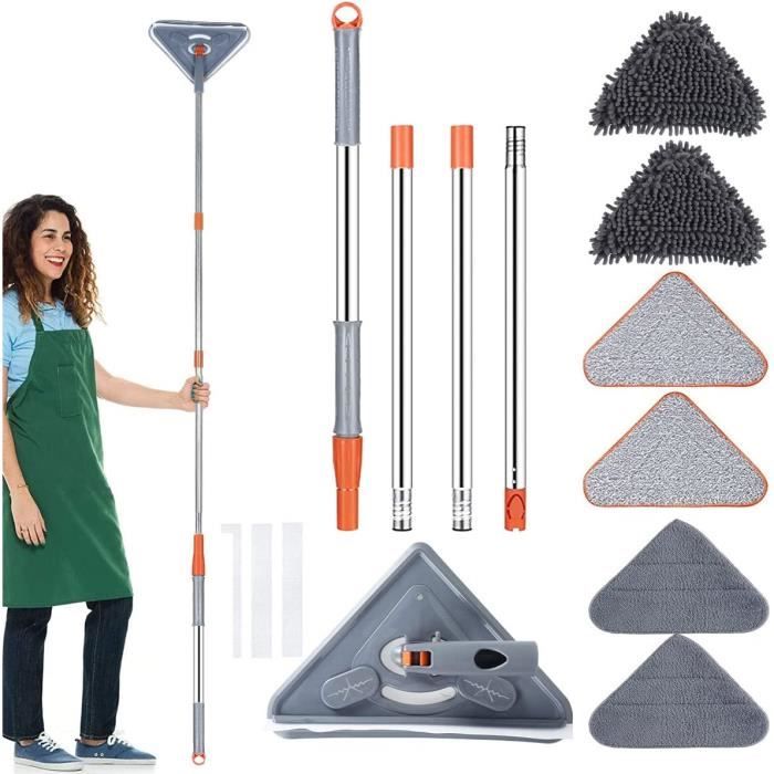 Balai Lavable Rotatif 360° – Tête Triangulaire, Manche Télescopique (jusqu’à 2,09 M) – Pour Plafond, Fenêtres, Murs