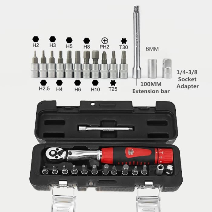 Kit clé dynamométrique XLC 1/4 4-24 Nm en 12 pièces avec douille