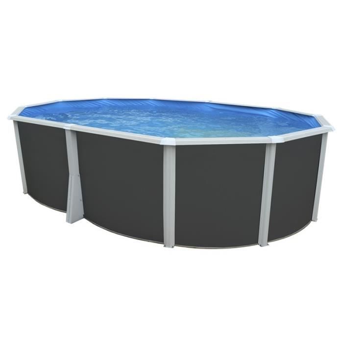 Piscine hors sol ovale TOI Anthracite Ibiza - Filtre à sable 6m3/h et skimmer - Liner bleu - Échelle haute