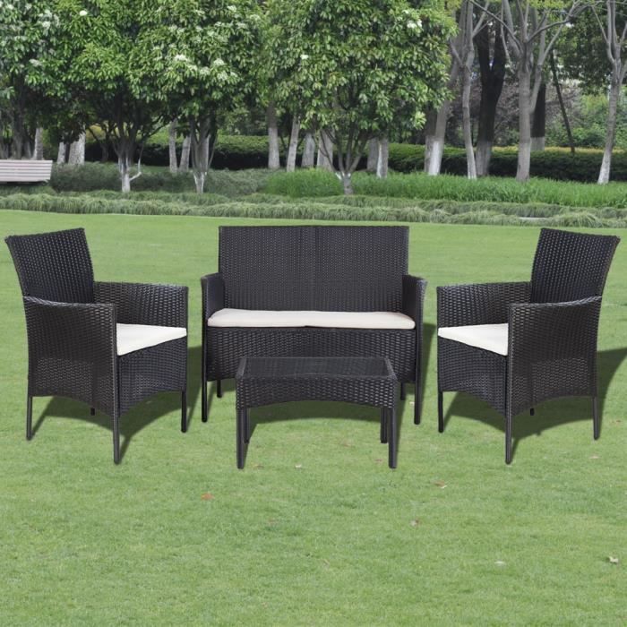 7pcs Meuble de jardin (canapé + table avec surface en Verre + 2 chaises + 3 coussins de siège