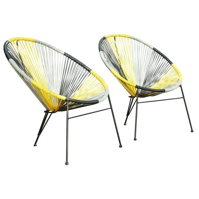 lot de 2 chaises de jardin en fils de résine tressés - jaune, gris, noir - alios